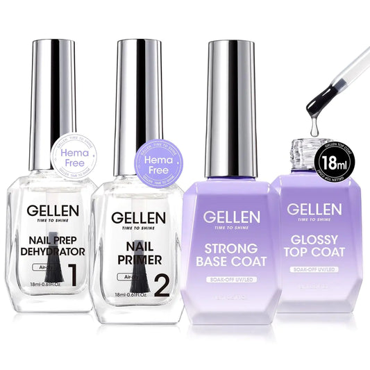Gellen Nail Dehydrator and Primer with Base Coat Top Coat Acid-Free Hema-free Nail Prep Dehydrator Primer 18ml UV Superior Glossy Top Coat for Acrylic Gel Nail Polish Nail Art Supplies Gift for Women